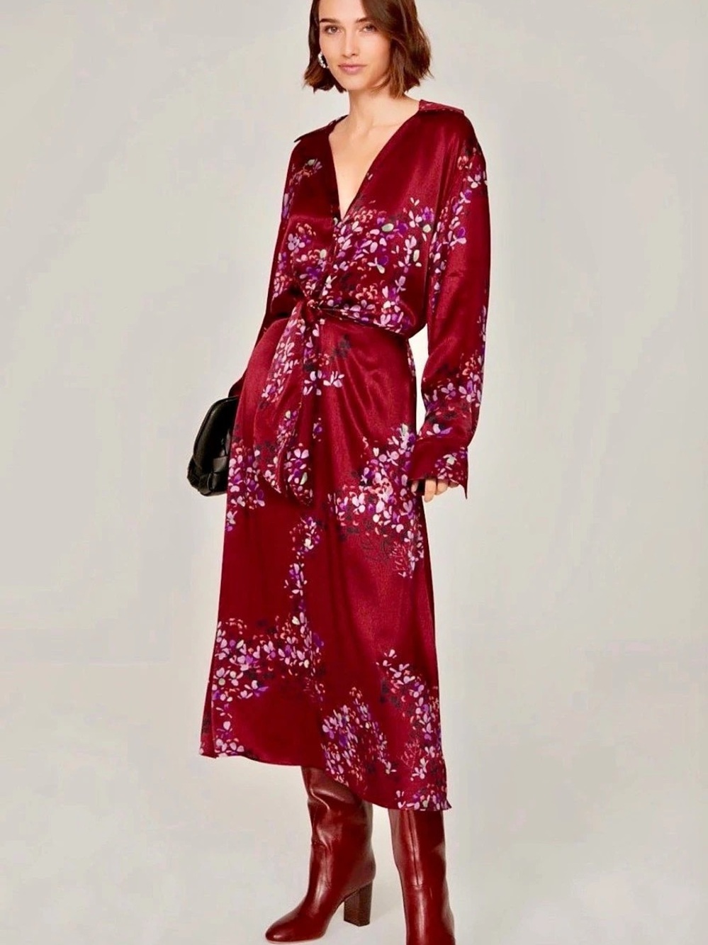 Vince Micro Painted Floral Twist Drape Midi Dress Burgundy Size S